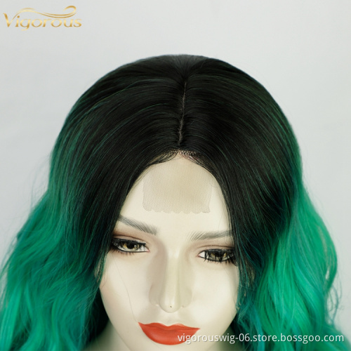 Vigorous Cheap Vendor Ombre Swiss Lace Synthetic Hair Wholesale Cosplay Long Curly Body Wave Green Black Women Lace Front Wigs